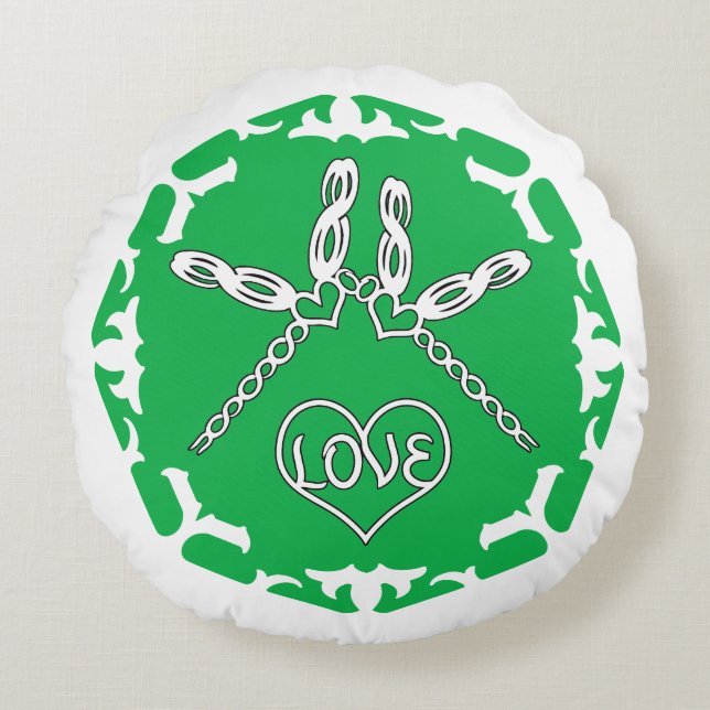 Green Heart Chakra "Love" Dragonflies White BG Round Cushion (Front)