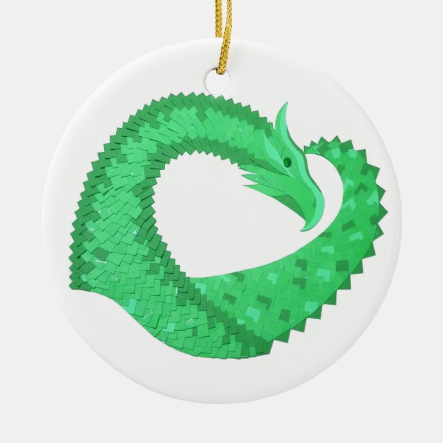 Green heart dragon on white ceramic tree decoration (Front)