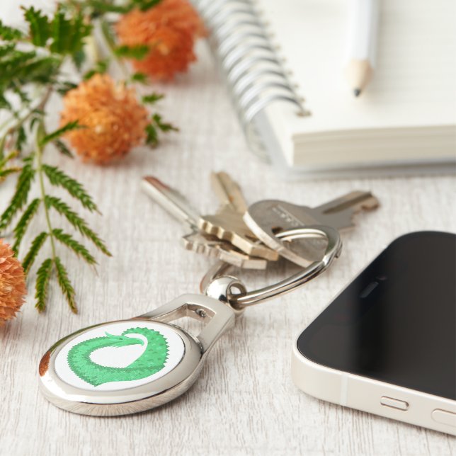 Green heart dragon on white key ring (Side)