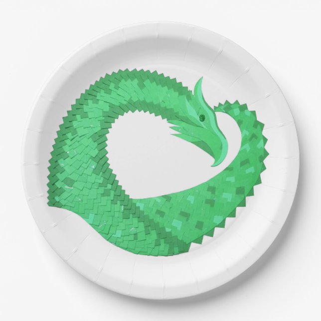 Green heart dragon on white paper plate (Front)