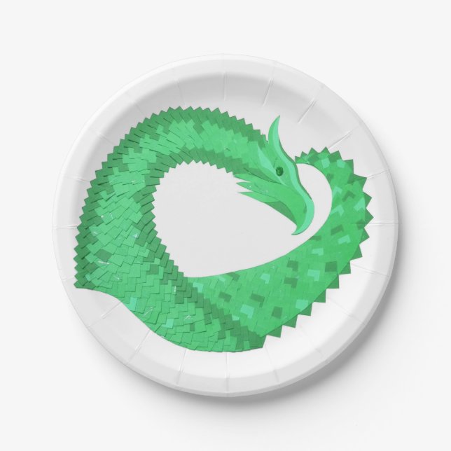 Green heart dragon on white paper plate (Front)