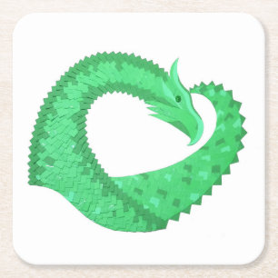 Green heart dragon on white square paper coaster