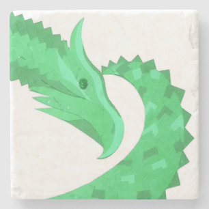 Green heart dragon on white stone coaster