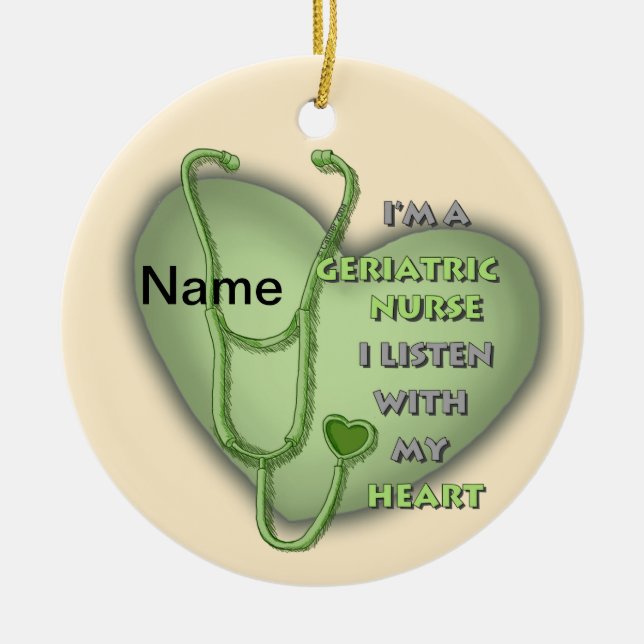 Green heart Geriatric Nurse Ceramic Tree Decoration (Front)