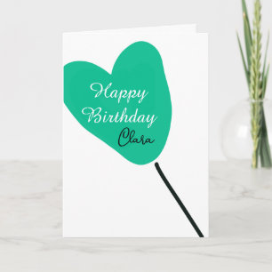 Green heart happy birthday white black balloon kid card