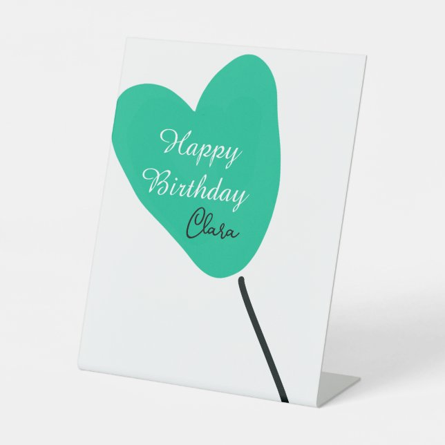 Green heart happy birthday white black balloon kid pedestal sign (Front)
