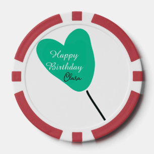 Green heart happy birthday white black balloon kid poker chips