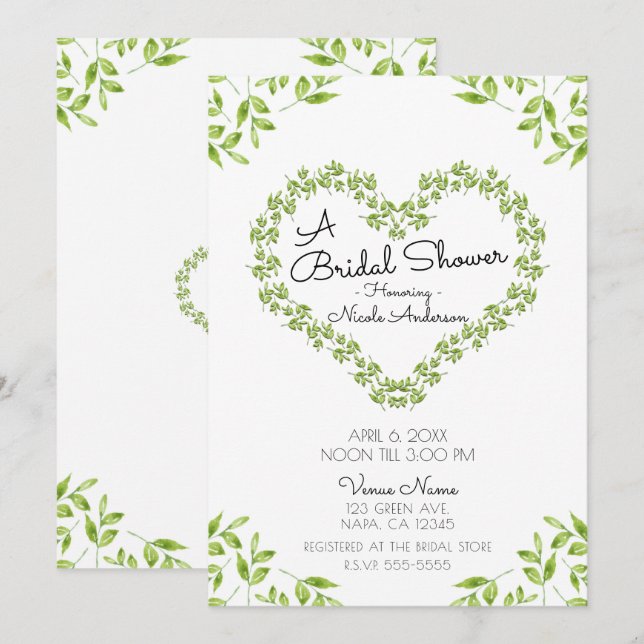 Green Heart Leaves Shabby Chic Bridal Shower Invitation (Front/Back)