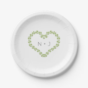 Green Heart Leaves Shabby Chic Greenery Wedding Paper Plate