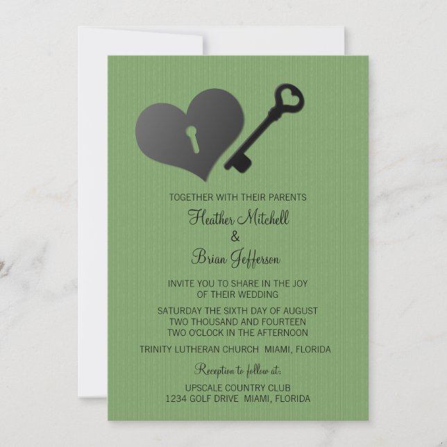 Green Heart Lock and Key Wedding Invite (Front)