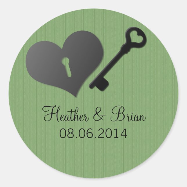 Green Heart Lock and Key Wedding Stickers (Front)