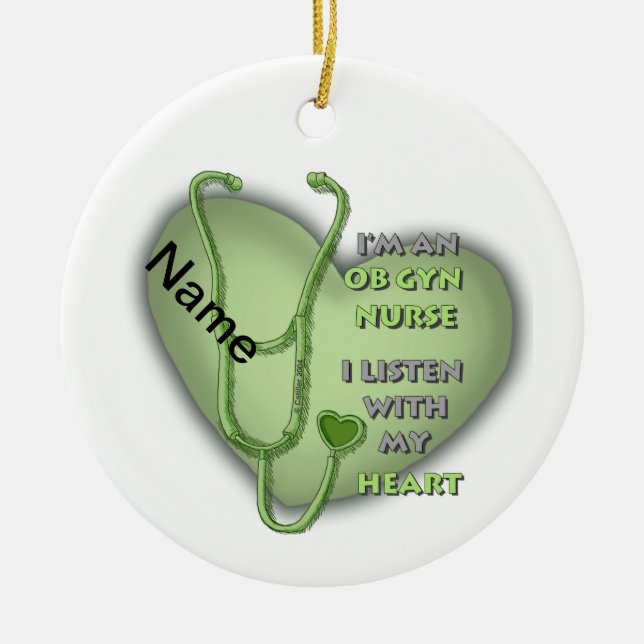 Green Heart ObGyn Nurse Ceramic Tree Decoration (Front)