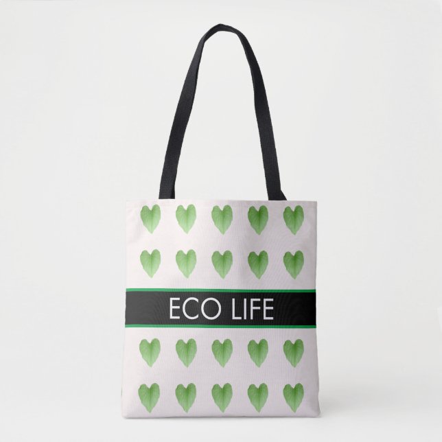 Green Heart Shape Leaf Pattern on Beige Tote Bag (Front)