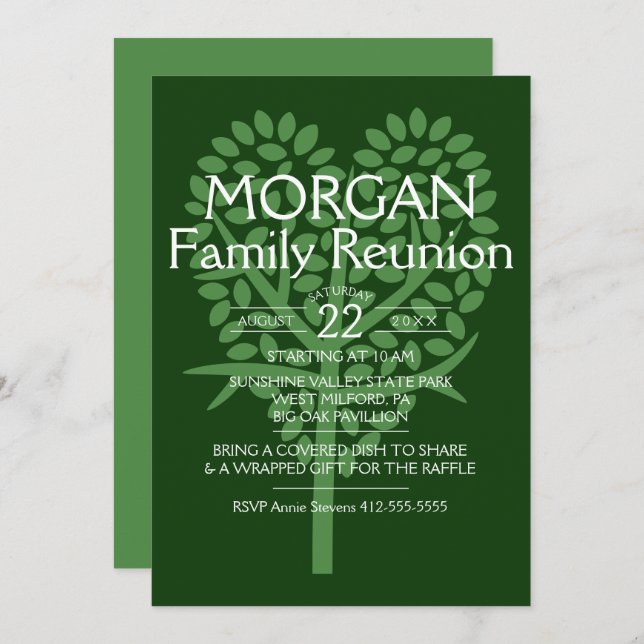 Green Heart Tree Family Reunion Invitation (Front/Back)
