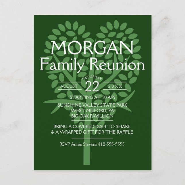 Green Heart Tree Family Reunion Invitation Postcard (Front)
