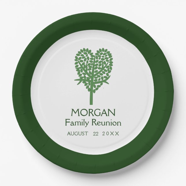 Green Heart Tree Family Reunion Paper Plate (Front)