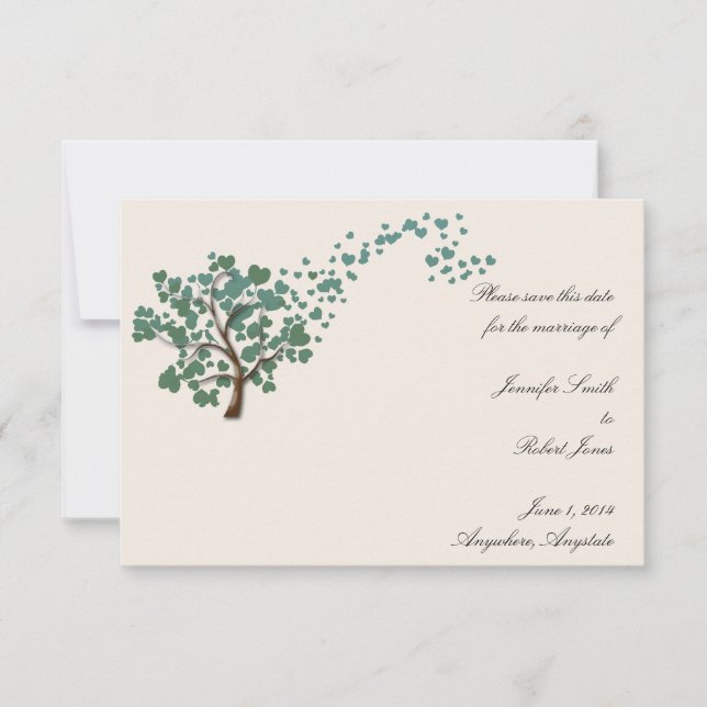 Green Heart Tree on Ivory Save the Date Invitation (Front)