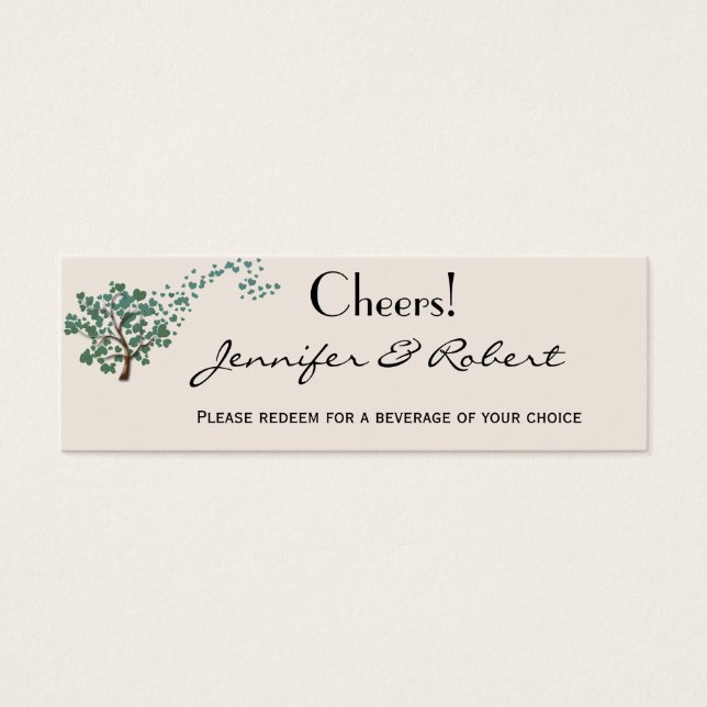 Green Heart Tree on Ivory Wedding Drink Ticket (Front)