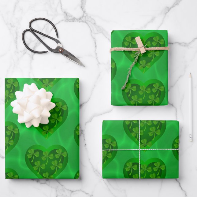 Green Heart with Shamrocks Wrapping Paper Sheet (Front)