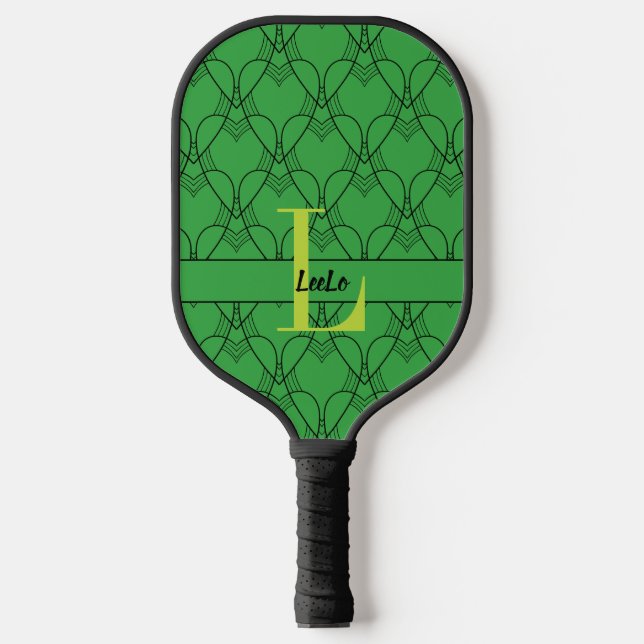Green Hearts Pattern Monogram and Name Custom Pickleball Paddle (Front)