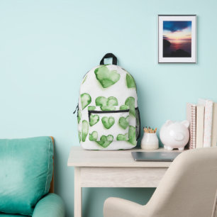 Green Hearts Watercolour Digital Art Printed Backpack