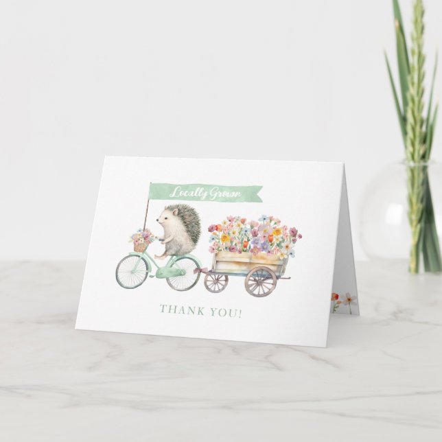 Green Hedgehog Baby Shower Thank You Card – Floral (Front)