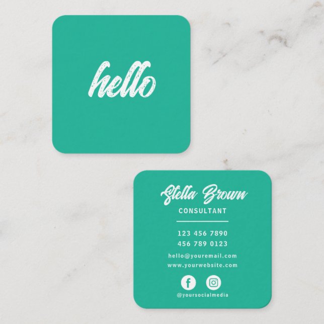 Green Hello Chic Bold Text Square Business Card (Front/Back)