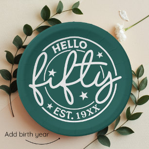 Green Hello Fifty 50th Birthday Paper Plate