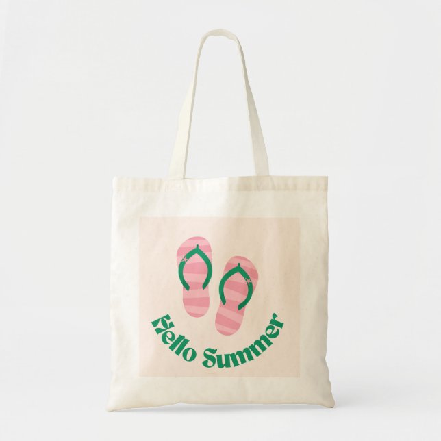 Green Hello Summer Pink Flip Flops Slippers Beach Tote Bag (Front)