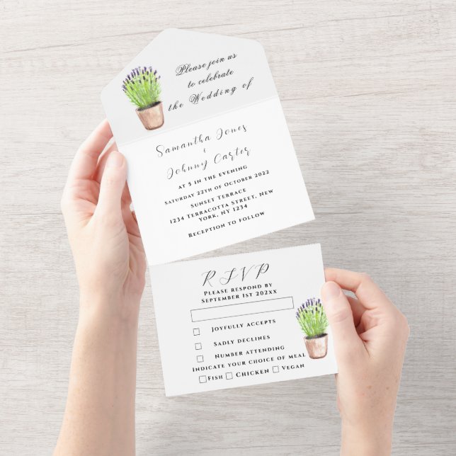Green Herbs Watercolor Lavender Wedding  All In One Invitation (Tearaway)