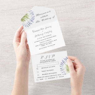 Green Herbs Watercolor Purple Lavender Wedding All In One Invitation