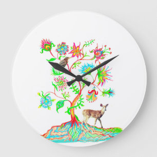 Green Heron and Deer Large Clock