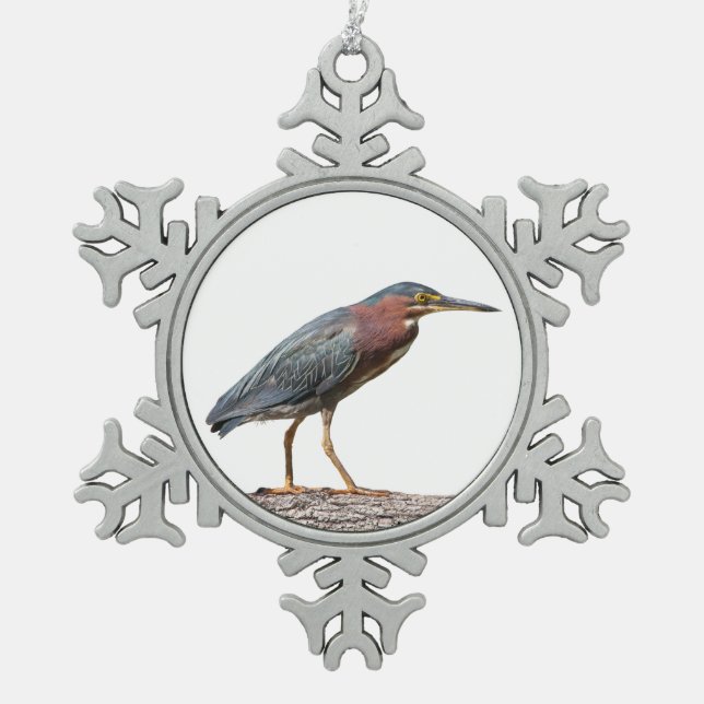 Green Heron Snowflake Pewter Christmas Ornament (Front)