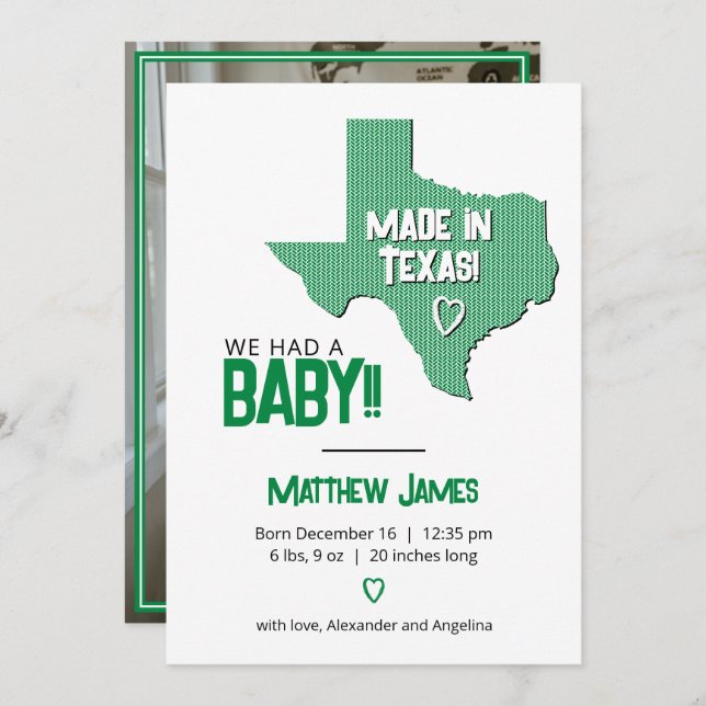 Green Herringbone Made in Texas Photo Baby Announcement (Front/Back)