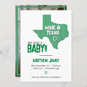 Green Herringbone Made in Texas Photo Baby Announcement