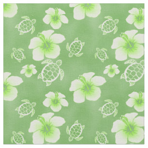 Green Hibiscus Honu Hawaiian Fabric