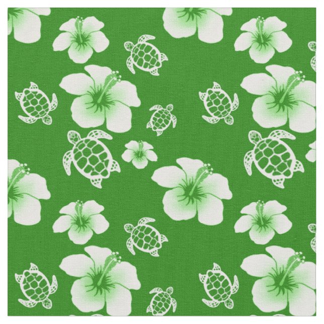 Green Hibiscus Honu Hawaiian Fabric (Close Up)