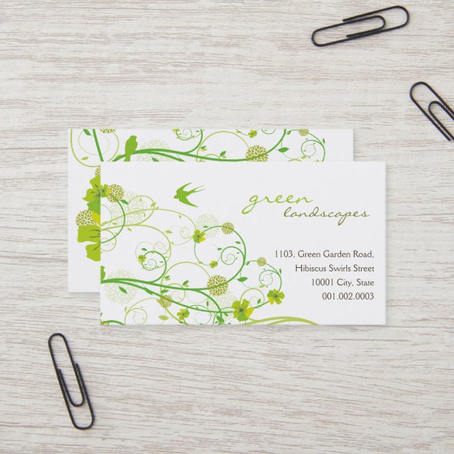 Green Hibiscus Swallow Birds Elegant Floral Garden Business Card (Front/Back In Situ)