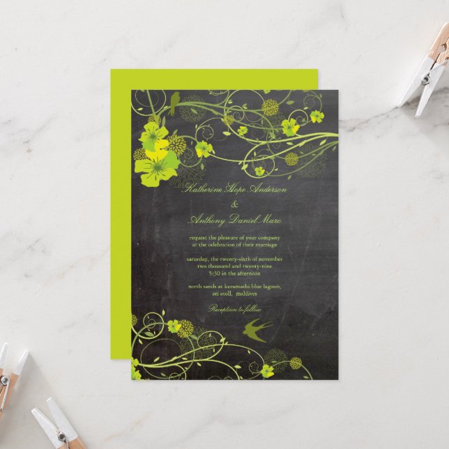 Green Hibiscus Swallows Floral Chalkboard Wedding Invitation (Front/Back In Situ)