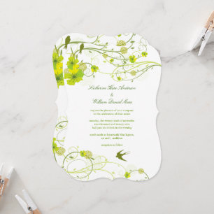 Green Hibiscus Swirls & Swallows Floral Wedding Invitation