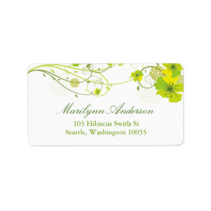 Green Hibiscus Swirls & Swallows Floral Wedding Label