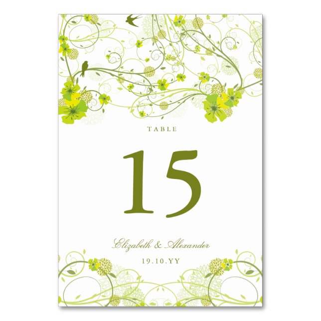 Green Hibiscus Swirls & Swallows Floral Wedding Table Number (Front)