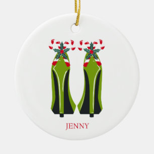 Green High Heels with Candy Canes Ceramic Tree Decoration