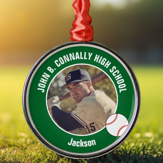 Green High School Baseball Player Photo Christmas Metal Tree Decoration (Creator Uploaded)