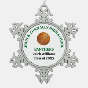 Green High School Basketball Player Personalised Snowflake Pewter Christmas Ornament