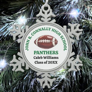 Green High School Football Player Personalised Snowflake Pewter Christmas Ornament