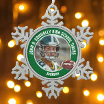 Green High School Football Player Photo Custom Snowflake Pewter Christmas Ornament<br><div class="desc">This cool customised high school football player photo Christmas ornament in green features white typography of your team and player name. Personalise with your athlete name next to the ball.</div>