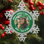 Green High School Marching Band Photo Gift Snowflake Pewter Christmas Ornament<br><div class="desc">This cool customised high school marching band photo features white typography of your team and player name on a green Christmas ornament keepsake gift. Personalise with your student's photograph and class year as a proud parent. A mum and dad can wear these buttons to competition and games.</div>