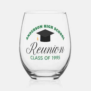 Green High School Reunion Party Custom Alumni Stemless Wine Glass