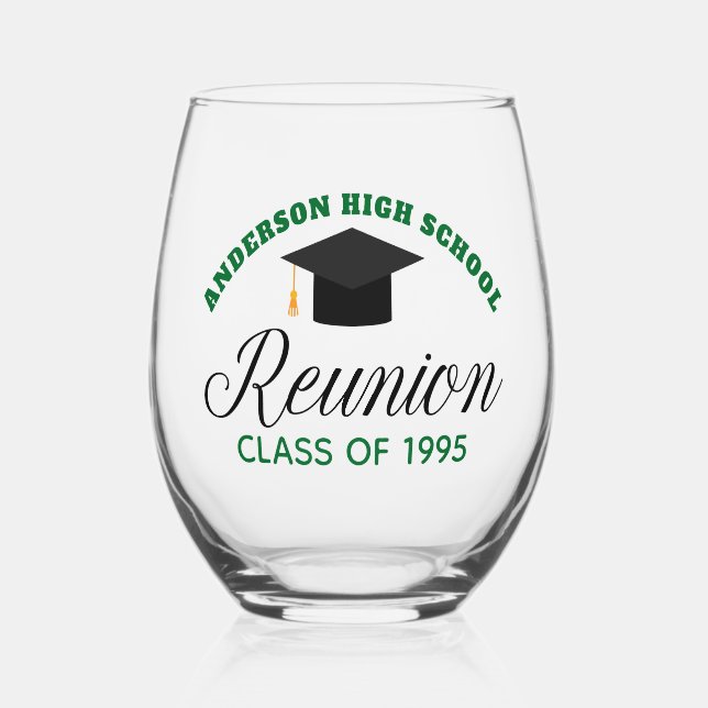 Green High School Reunion Party Custom Alumni Stemless Wine Glass (Front)